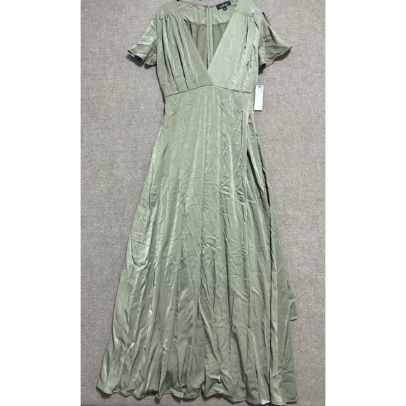 Lulus Dress Womens Large Green Short Sleeve Maxi V Neck Satin Wrap Flutter New - Picture 1 of 7